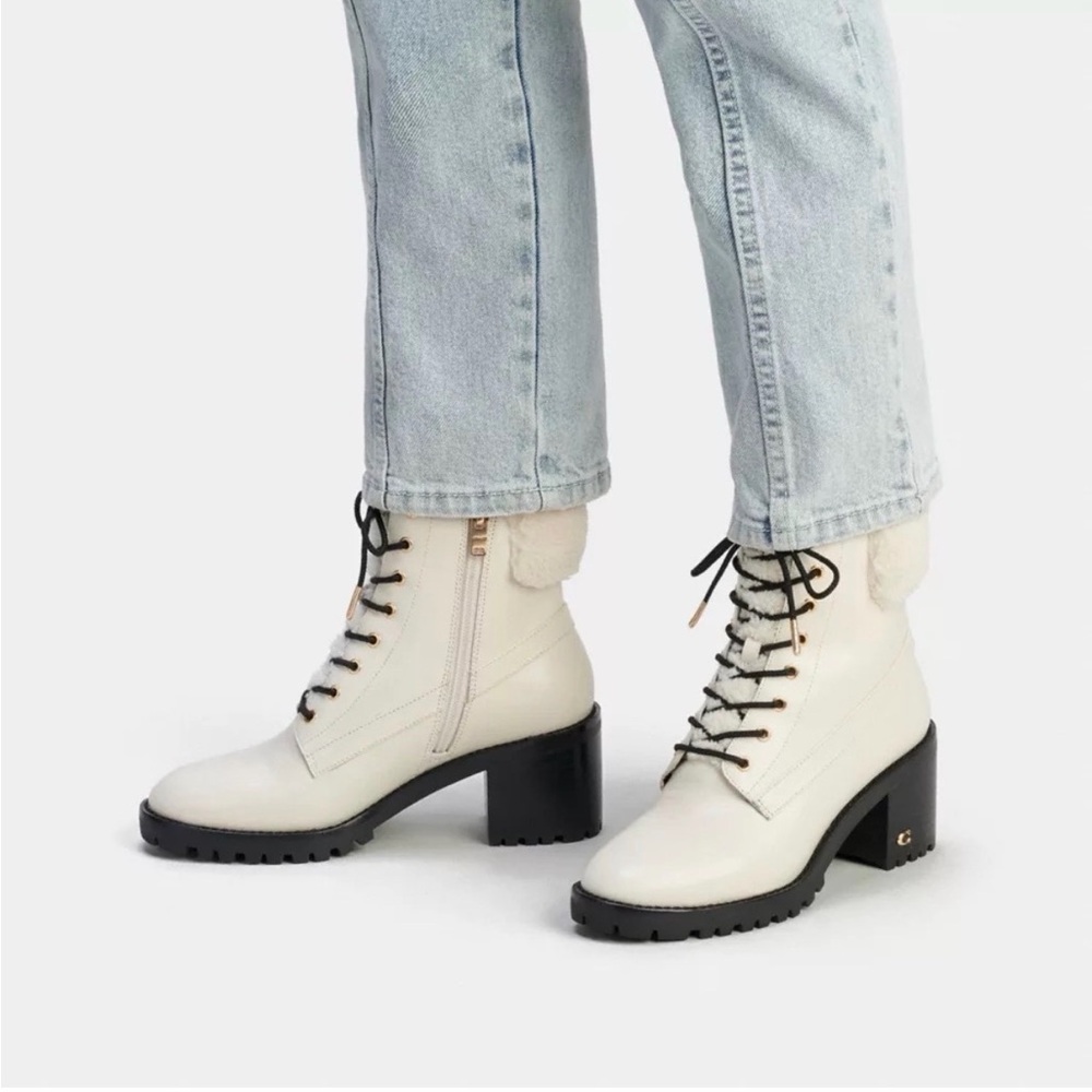 Coach White Lace Up Jill Boots with Black Heel